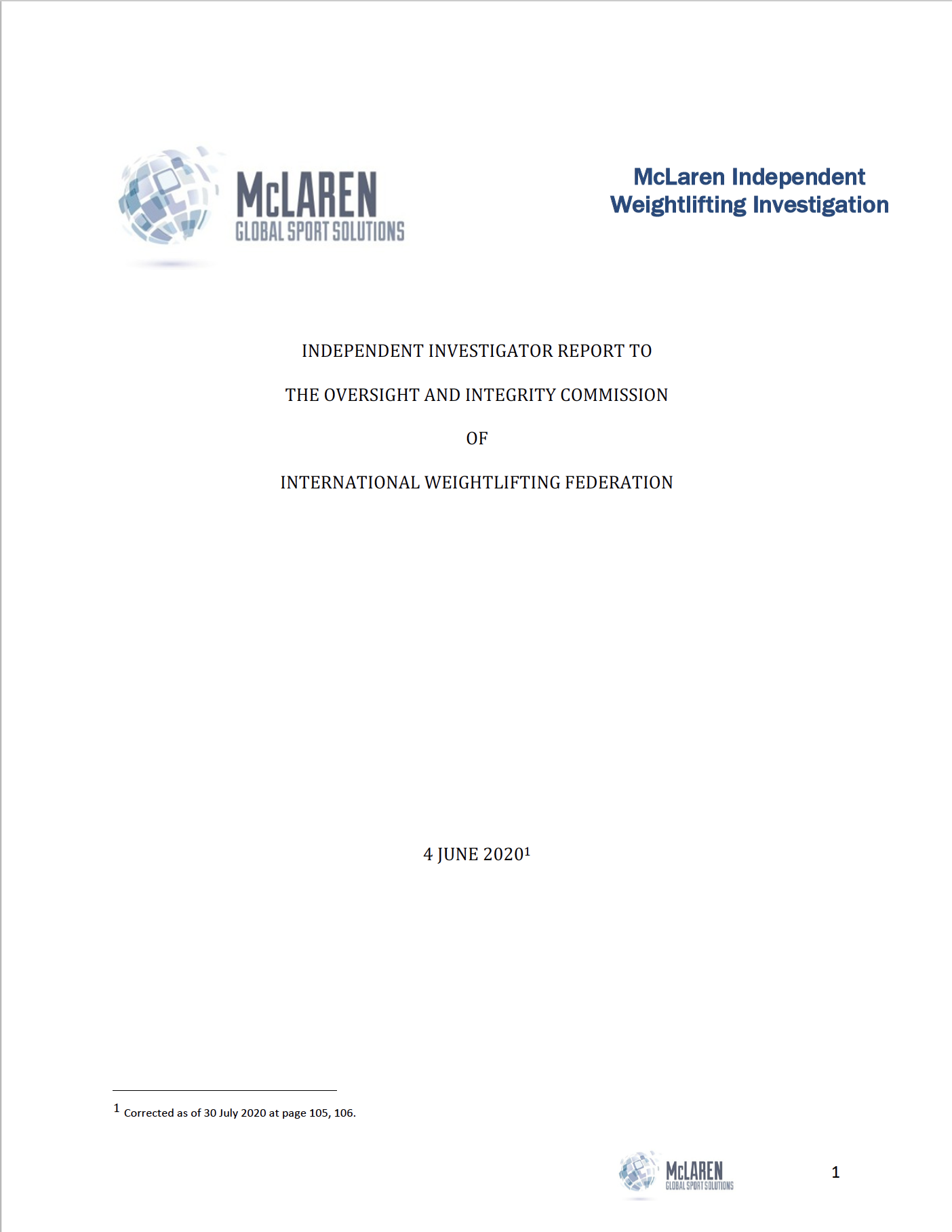 McLaren: Independent investigator report to the oversight and integrity commission of the International Weightlifting Federation